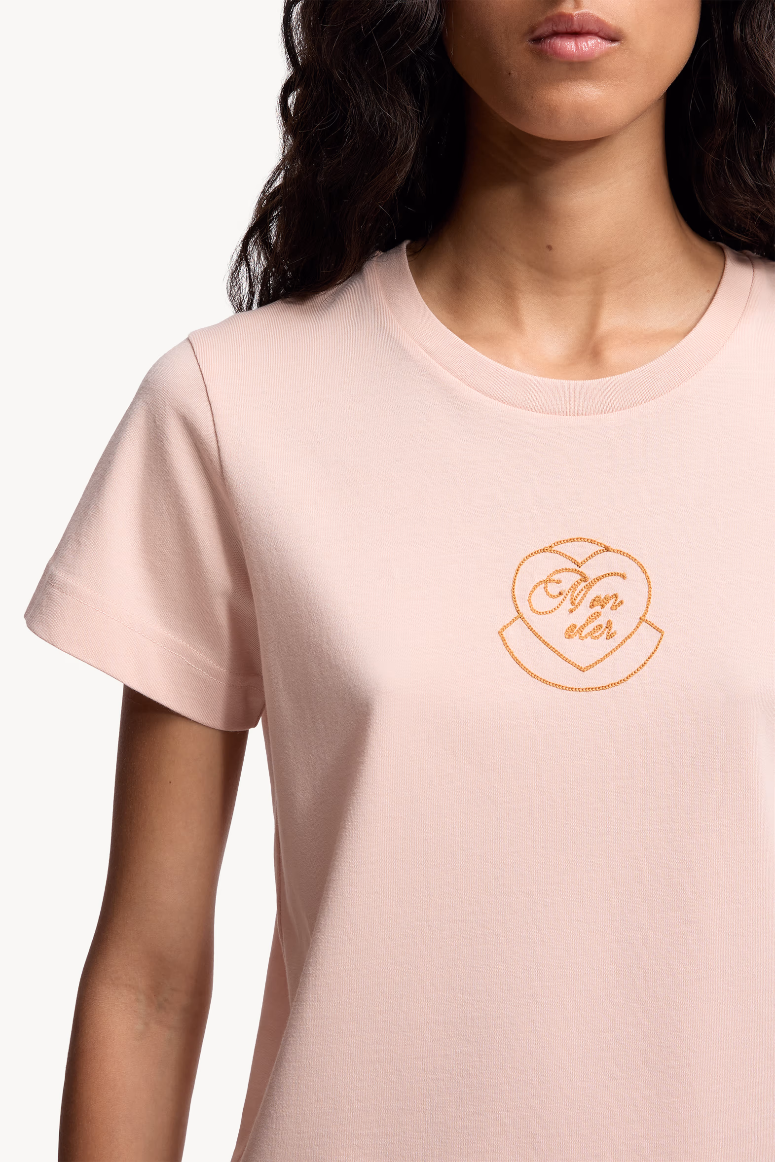 Embroidered Heart Logo Cotton T-Shirt Women Light Pink Moncler 6